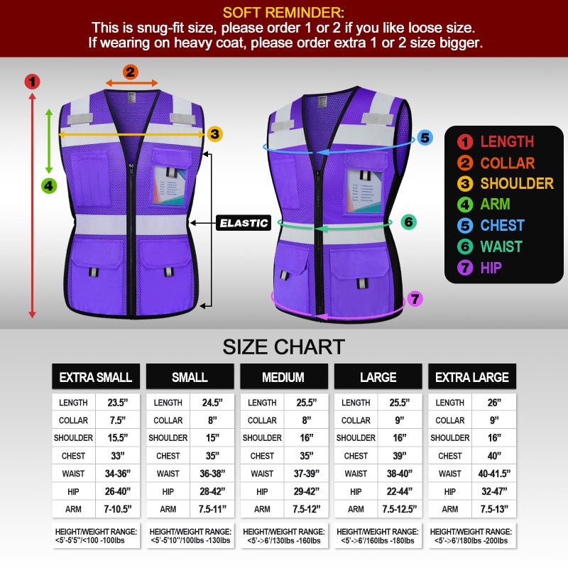 TCCFCCT Women Construction Work Vest 11 Pockets Snug-Fit High Visibility Reflective Vest with Zipper, Neon Safety Vest for Lady Contractors/Surveyors/Workers, Durable to Use, Meets ANSI, Purple XL - Image 5